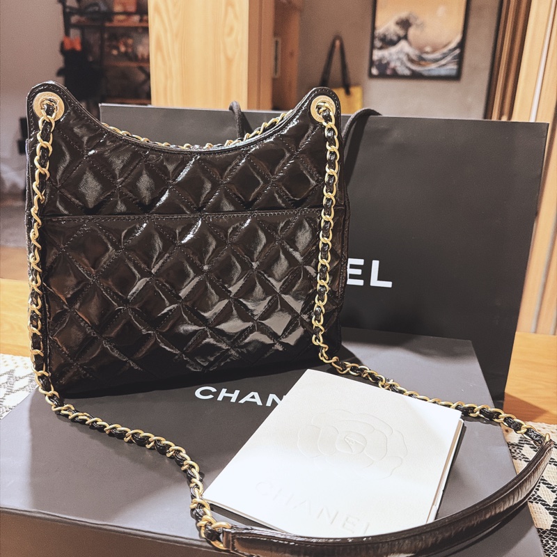 CHANEL 香奈兒 HOBO BAG 流浪包 金Logo 23cm-11