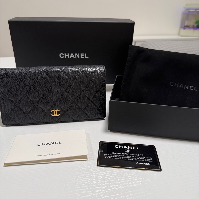 CHANEL 黑金荔枝對折長夾-0