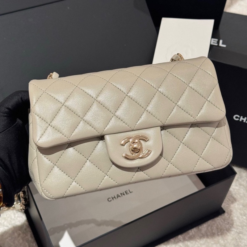有購證🩷 Chanel/香奈兒22C淡灰色金鍊 classic flap bag mini-2