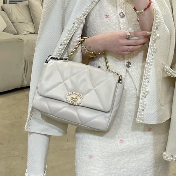 絕美千金風👑99新🆕Chanel白金格紋小號19bag 手提單肩斜挎包-5