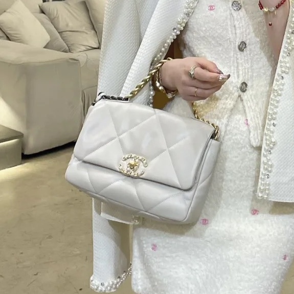 絕美千金風👑99新🆕Chanel白金格紋小號19bag 手提單肩斜挎包-6