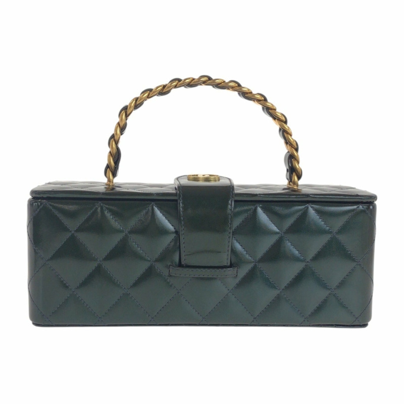 稀有香奈兒復古絎縫深綠色金屬琺瑯手提包/化妝包,搭配金色五金配件-0