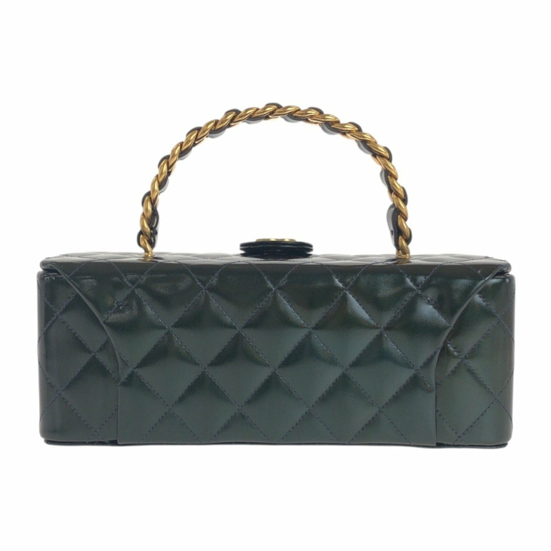 稀有香奈兒復古絎縫深綠色金屬琺瑯手提包/化妝包,搭配金色五金配件-1