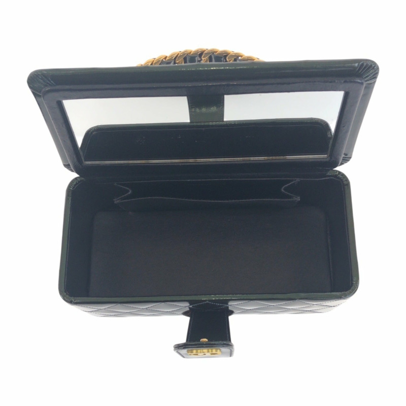 稀有香奈兒復古絎縫深綠色金屬琺瑯手提包/化妝包,搭配金色五金配件-4