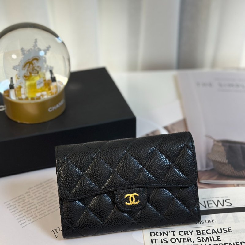 CHANEL 經典粒面牛皮中夾 - 黑金-0