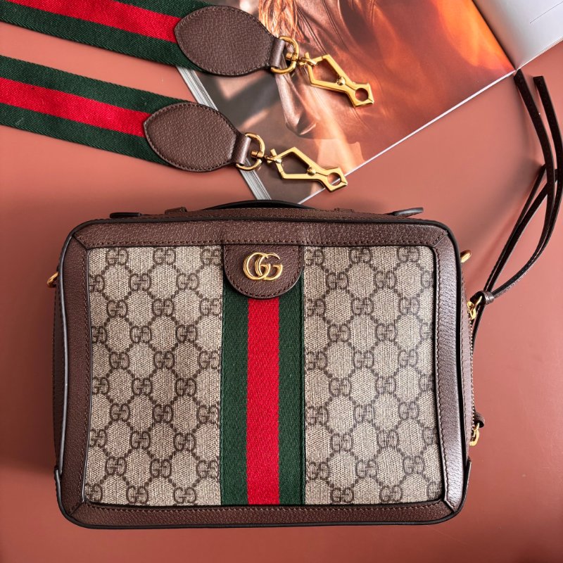 ::GUCCI:: 550622 經典Ophidia系列帆布印花綠紅綠織帶皮革飾邊拉鍊手提/斜背兩用包-0