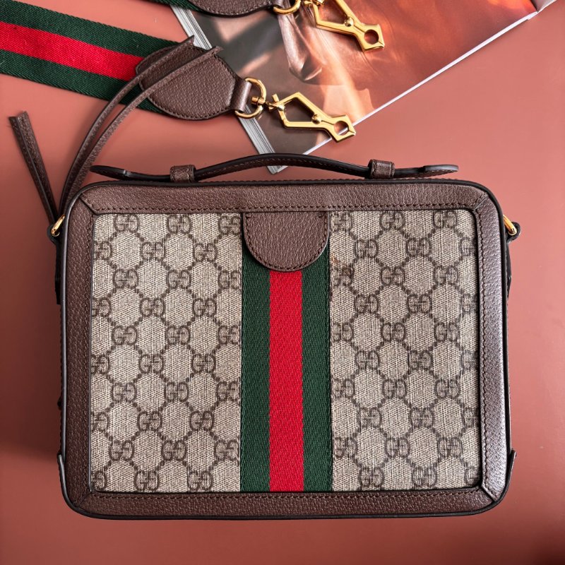::GUCCI:: 550622 經典Ophidia系列帆布印花綠紅綠織帶皮革飾邊拉鍊手提/斜背兩用包-2