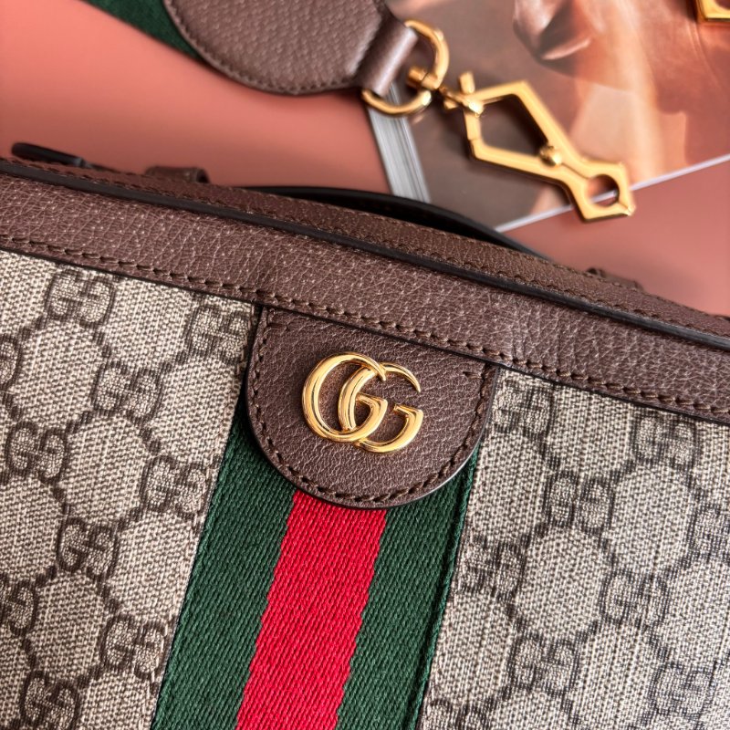 ::GUCCI:: 550622 經典Ophidia系列帆布印花綠紅綠織帶皮革飾邊拉鍊手提/斜背兩用包-4