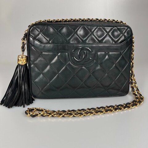 CHANEL VINTAGE菱格紋皮穿鍊相機包 黑