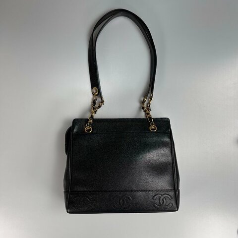 CHANEL VINTAGE荔枝皮TRIPLE LOGO金鍊托特包 黑