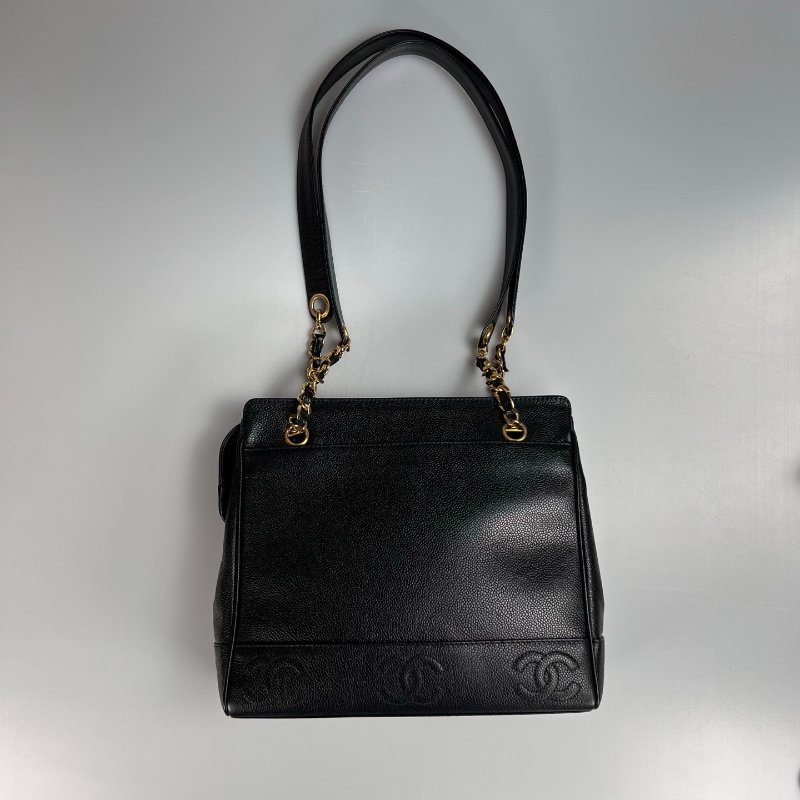 CHANEL VINTAGE荔枝皮TRIPLE LOGO金鍊托特包 黑-0