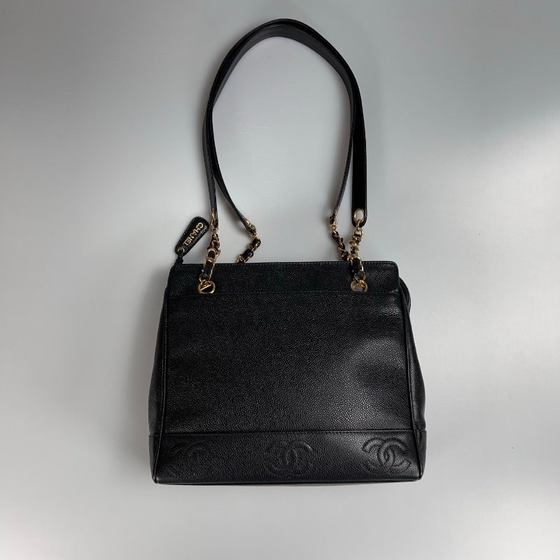 CHANEL VINTAGE荔枝皮TRIPLE LOGO金鍊托特包 黑-1