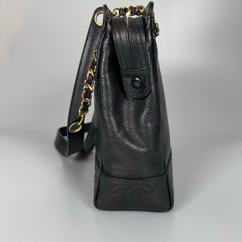 CHANEL VINTAGE荔枝皮TRIPLE LOGO金鍊托特包 黑-2