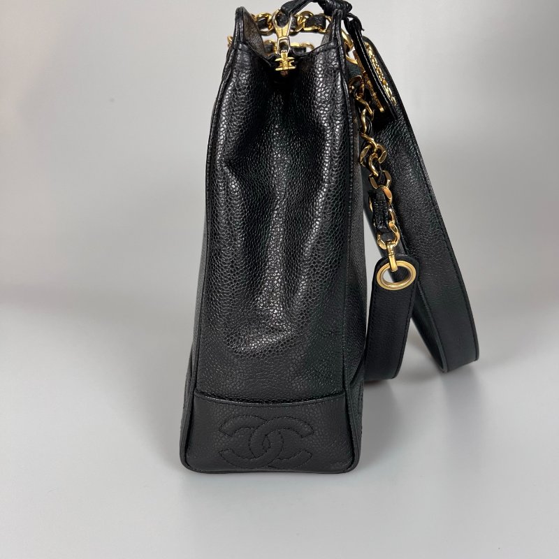 CHANEL VINTAGE荔枝皮TRIPLE LOGO金鍊托特包 黑-3