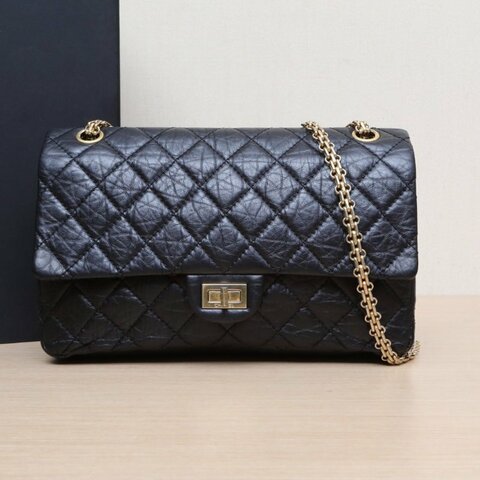 CHANEL 2.55口蓋包大號28黑色牛皮13開金扣肩背包