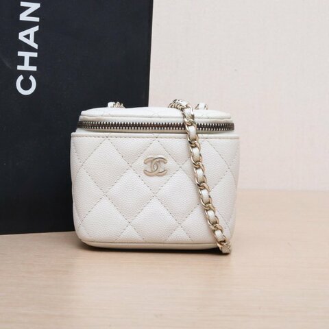 CHANEL 經典款方盒子化妝包無鏡子11白色荔枝牛皮31開淺金扣單皮穿鏈肩帶肩背包