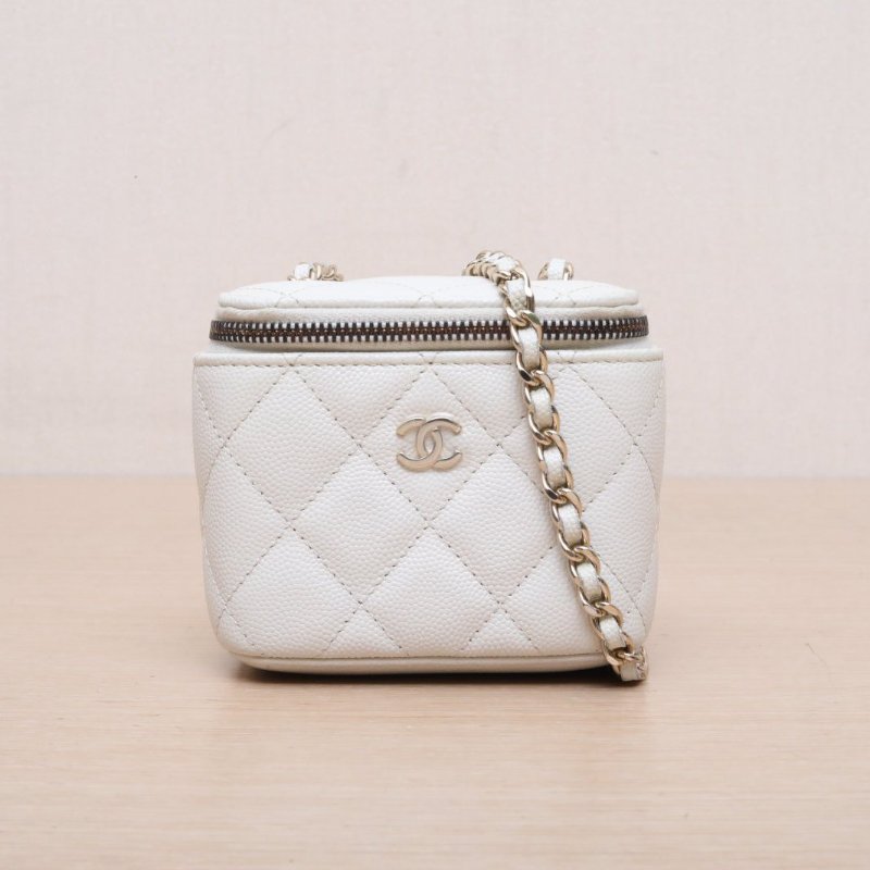 CHANEL 經典款方盒子化妝包無鏡子11白色荔枝牛皮31開淺金扣單皮穿鏈肩帶肩背包-1