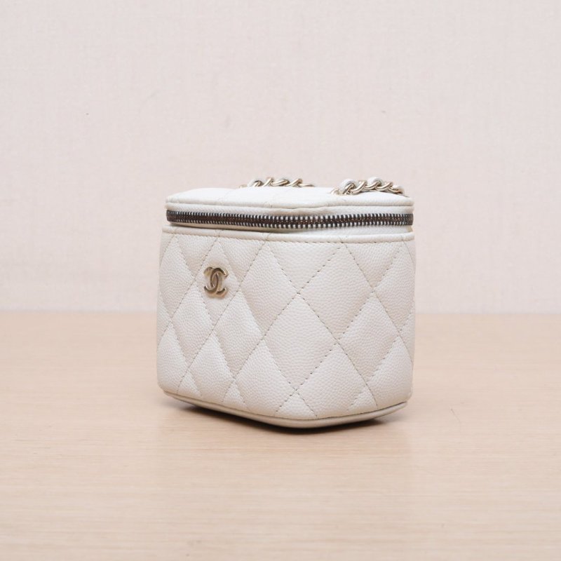 CHANEL 經典款方盒子化妝包無鏡子11白色荔枝牛皮31開淺金扣單皮穿鏈肩帶肩背包-2