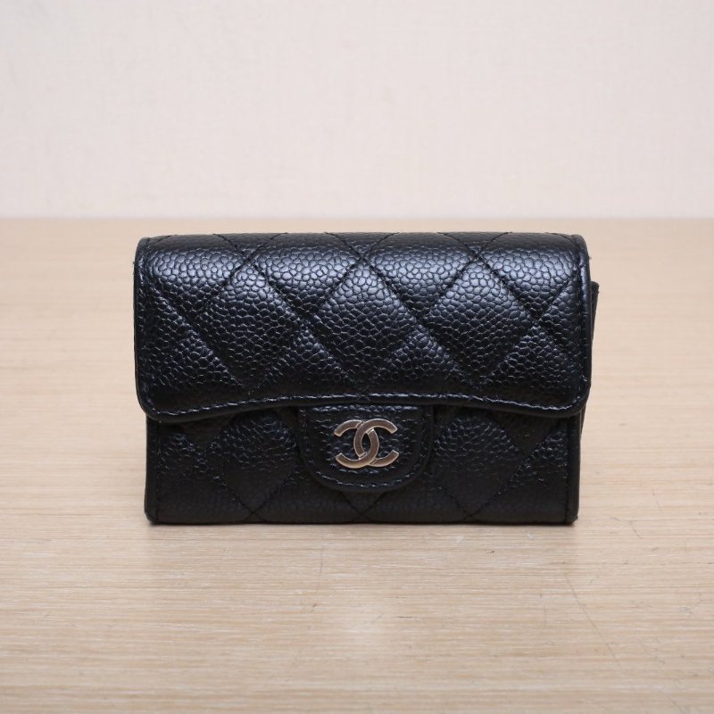 CHANEL CF短款口蓋錢包無後拉鏈11.5黑色荔枝牛皮25開銀扣肩背包-0