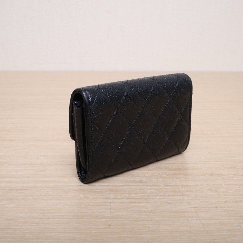 CHANEL CF短款口蓋錢包無後拉鏈11.5黑色荔枝牛皮25開銀扣肩背包-4