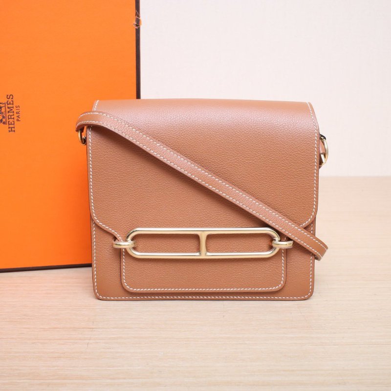 HERMES Roulis豬鼻子19Y刻37金棕色EC皮金扣肩背包-0