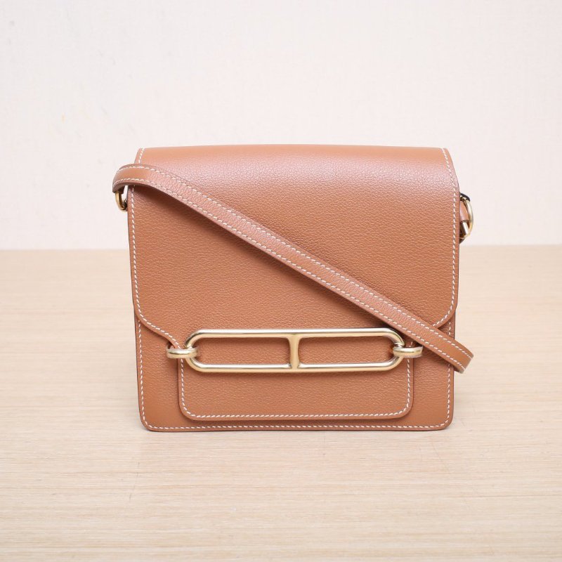 HERMES Roulis豬鼻子19Y刻37金棕色EC皮金扣肩背包-1