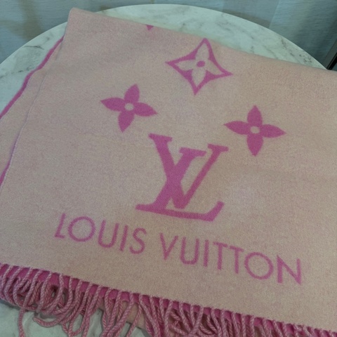 LV 桃粉雙色羊絨Reykjavik 流蘇圍巾M76066