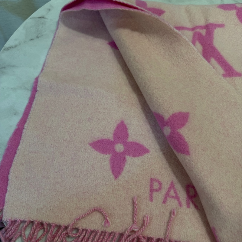 LV 桃粉雙色羊絨Reykjavik 流蘇圍巾M76066-5