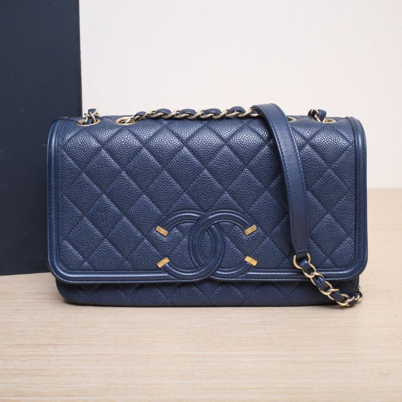 CHANEL VanityCase口蓋包26藍色荔枝牛皮22開金扣雙C大LOGO菱格紋肩背包-0