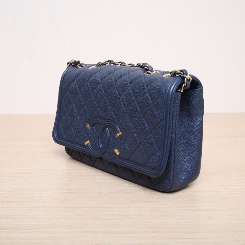 CHANEL VanityCase口蓋包26藍色荔枝牛皮22開金扣雙C大LOGO菱格紋肩背包-4