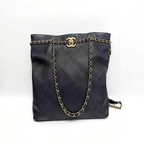 Chanel 黑小牛皮霧金釦皮穿鍊手提肩背包AS2491