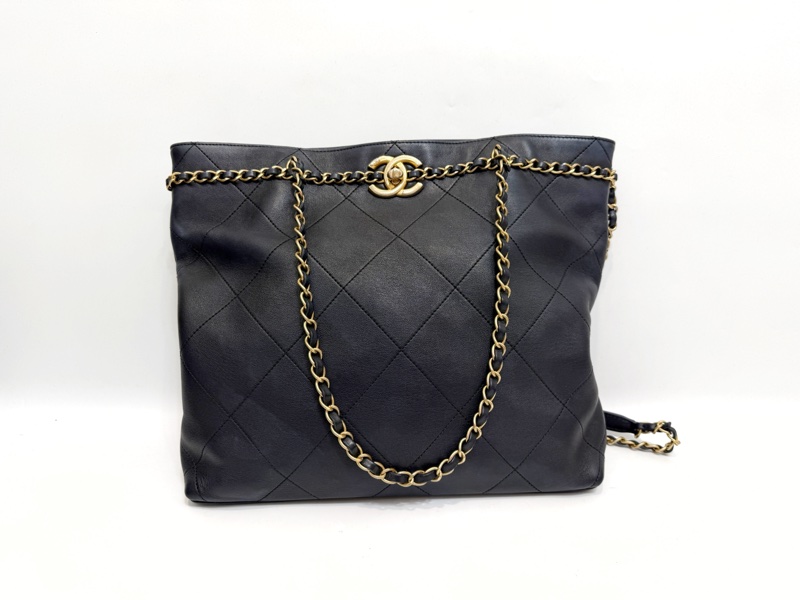 Chanel 黑小牛皮霧金釦皮穿鍊手提肩背包AS2491-0