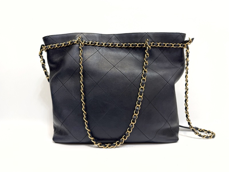 Chanel 黑小牛皮霧金釦皮穿鍊手提肩背包AS2491-1