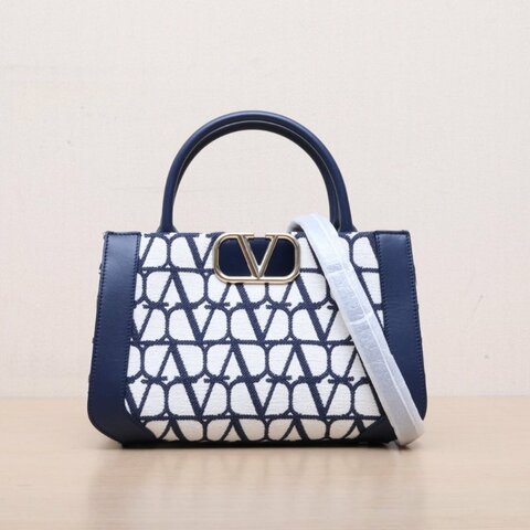 VALENTINO 拼色牛皮帆布淺金扣VlogSignatureV可拆卸肩帶磁扣開合手提托特包小號/肩背包