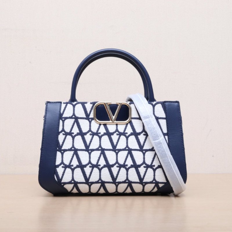 VALENTINO 拼色牛皮帆布淺金扣VlogSignatureV可拆卸肩帶磁扣開合手提托特包小號/肩背包-0