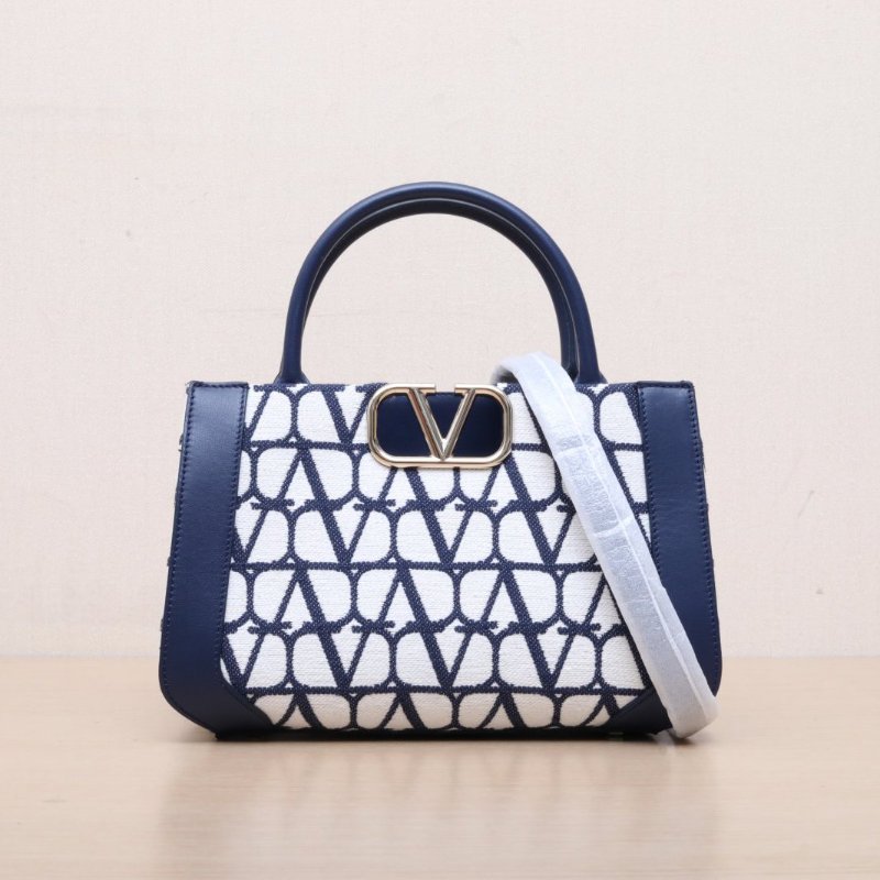 VALENTINO 拼色牛皮帆布淺金扣VlogSignatureV可拆卸肩帶磁扣開合手提托特包小號/肩背包-1