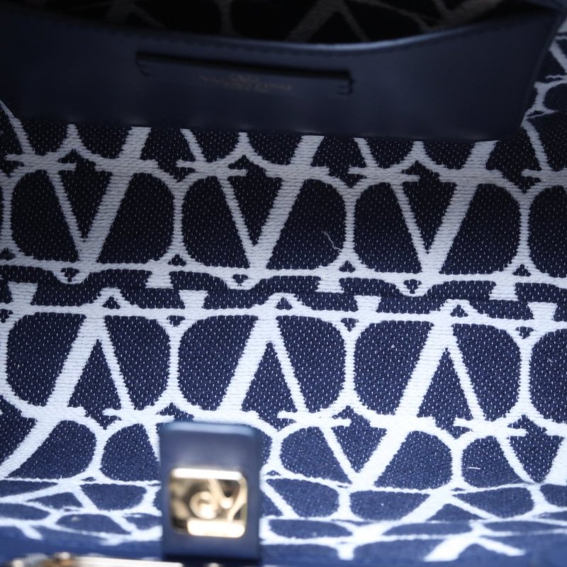 VALENTINO 拼色牛皮帆布淺金扣VlogSignatureV可拆卸肩帶磁扣開合手提托特包小號/肩背包-3