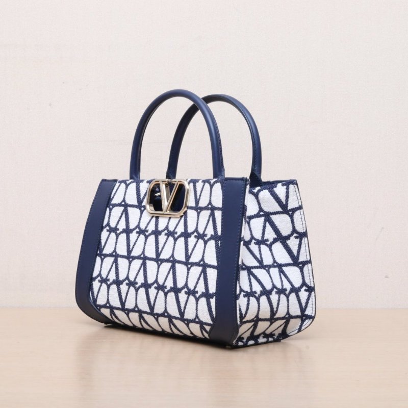 VALENTINO 拼色牛皮帆布淺金扣VlogSignatureV可拆卸肩帶磁扣開合手提托特包小號/肩背包-4