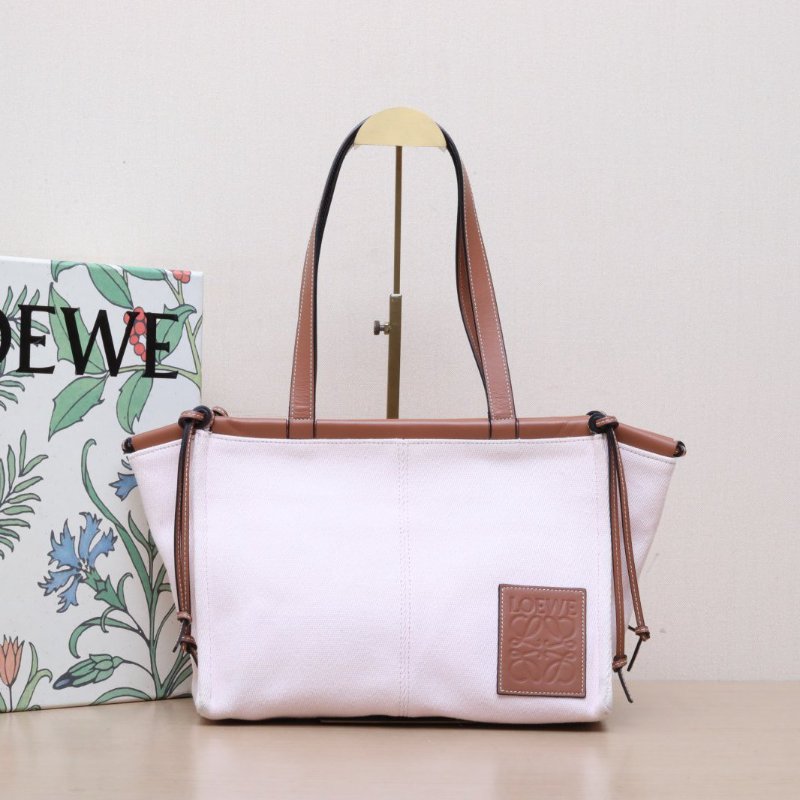 LOEWE CushionTote方LOGO拼皮磁吸硬包口托特包粉色牛皮/帆布方LOGO帆布拼皮牛皮帆布粉棕肩背包-0