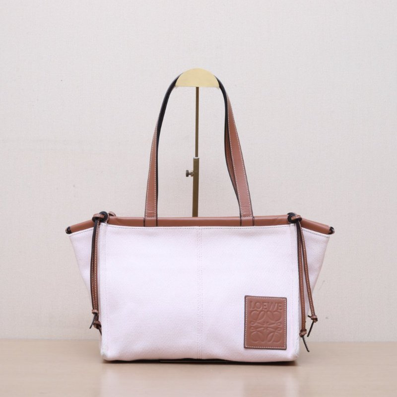 LOEWE CushionTote方LOGO拼皮磁吸硬包口托特包粉色牛皮/帆布方LOGO帆布拼皮牛皮帆布粉棕肩背包-1
