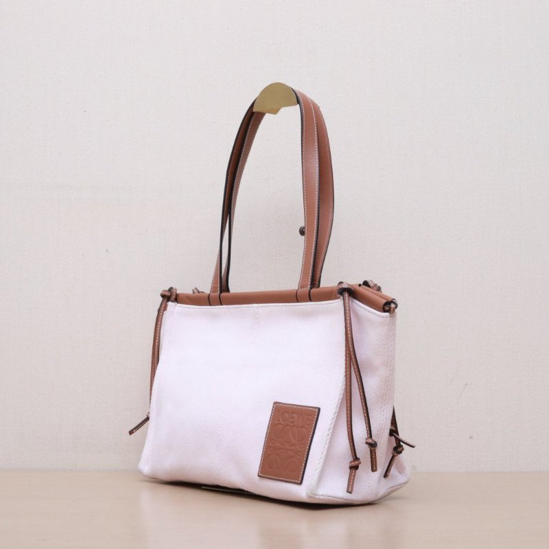 LOEWE CushionTote方LOGO拼皮磁吸硬包口托特包粉色牛皮/帆布方LOGO帆布拼皮牛皮帆布粉棕肩背包-3