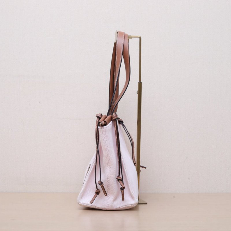LOEWE CushionTote方LOGO拼皮磁吸硬包口托特包粉色牛皮/帆布方LOGO帆布拼皮牛皮帆布粉棕肩背包-4