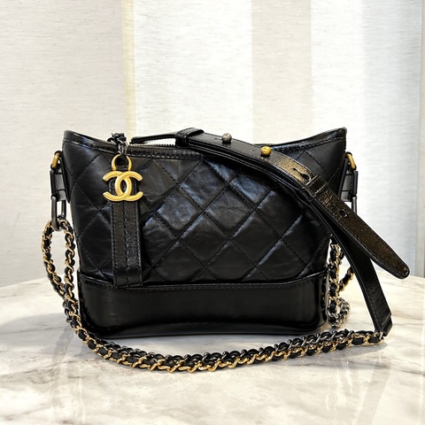 Chanel 黑牛皮菱格霧金釦四色鏈小號肩斜背包