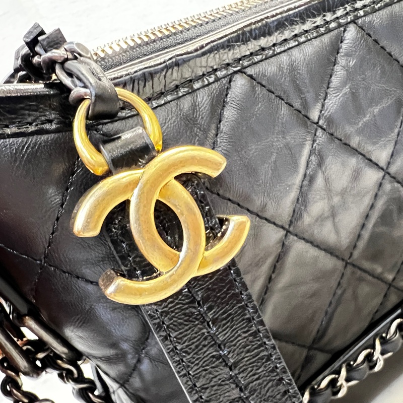 Chanel 黑牛皮菱格霧金釦四色鏈小號肩斜背包-9