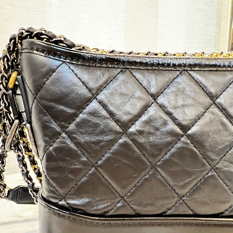 Chanel 黑牛皮菱格霧金釦四色鏈小號肩斜背包-14