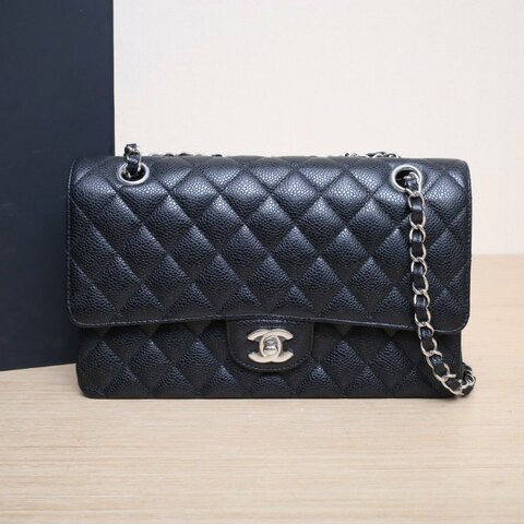 CHANEL CF口蓋包中號25.5黑色荔枝牛皮27開銀扣肩背包