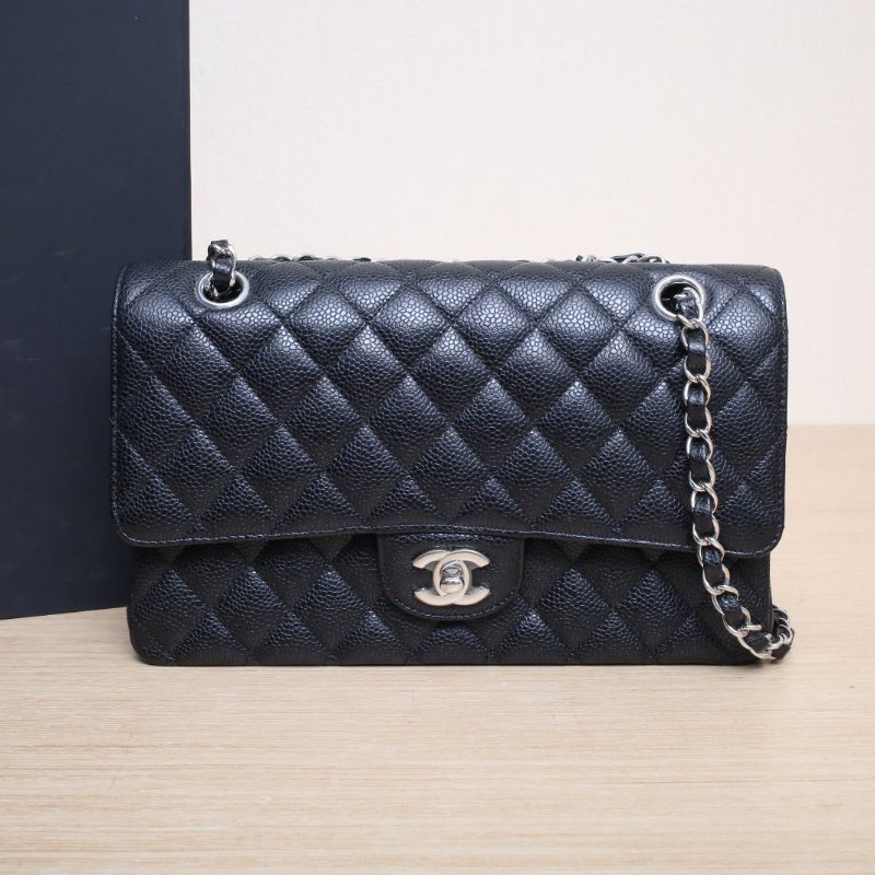 CHANEL CF口蓋包中號25.5黑色荔枝牛皮27開銀扣肩背包-0