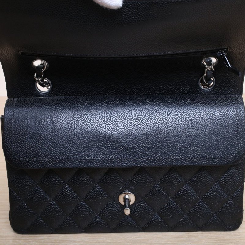 CHANEL CF口蓋包中號25.5黑色荔枝牛皮27開銀扣肩背包-2