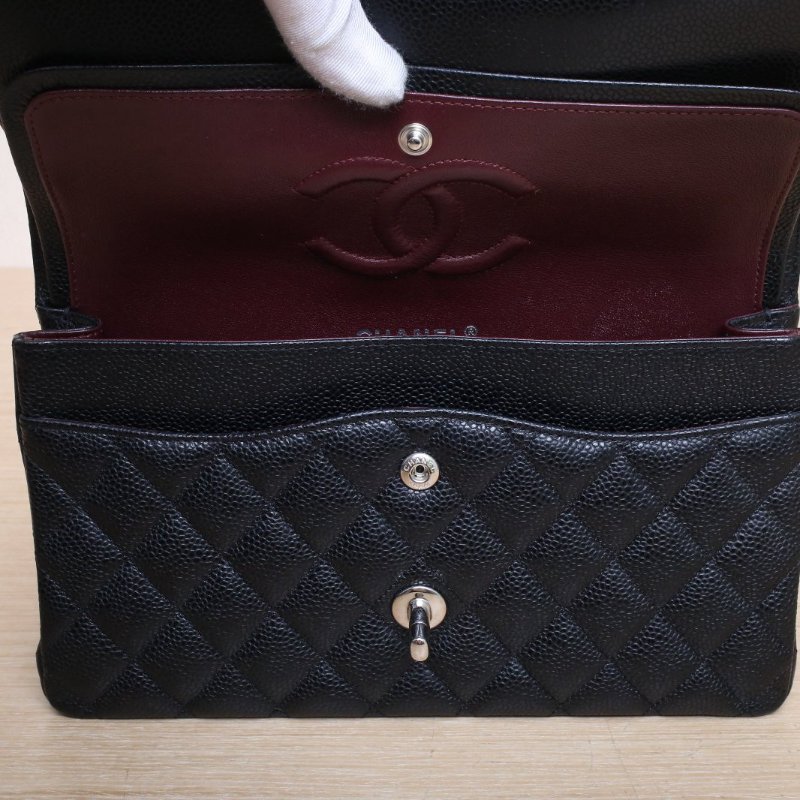 CHANEL CF口蓋包中號25.5黑色荔枝牛皮27開銀扣肩背包-3
