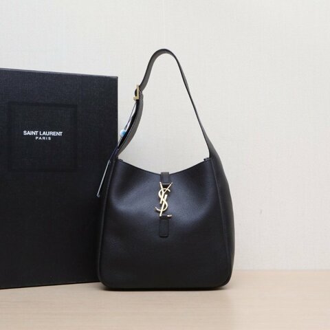 SAINT LAURENT LE5À7HOBO小號黑色牛皮金扣肩背包